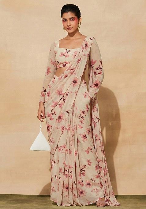 Pink Floral Print Georgette Pre Draped Saree Set