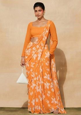 Orange Floral Print Georgette Pre Draped Saree Set