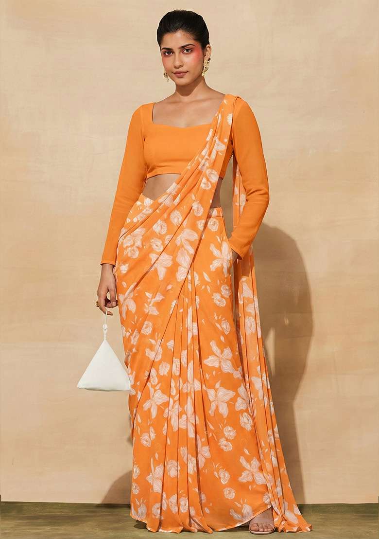 Orange Georgette Pre Draped Saree Set with Floral Print for Diwali | Wedding & Festive Wear - Indya
