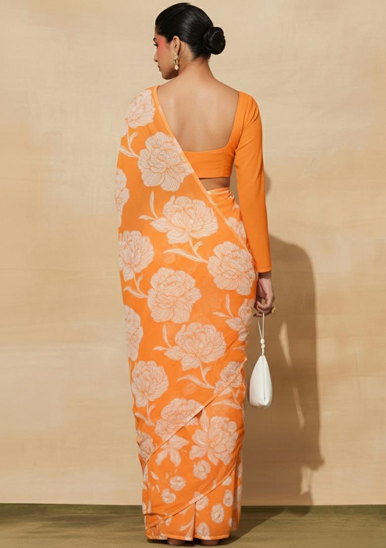 Orange Floral Print Georgette Pre Draped Saree Set - Indya