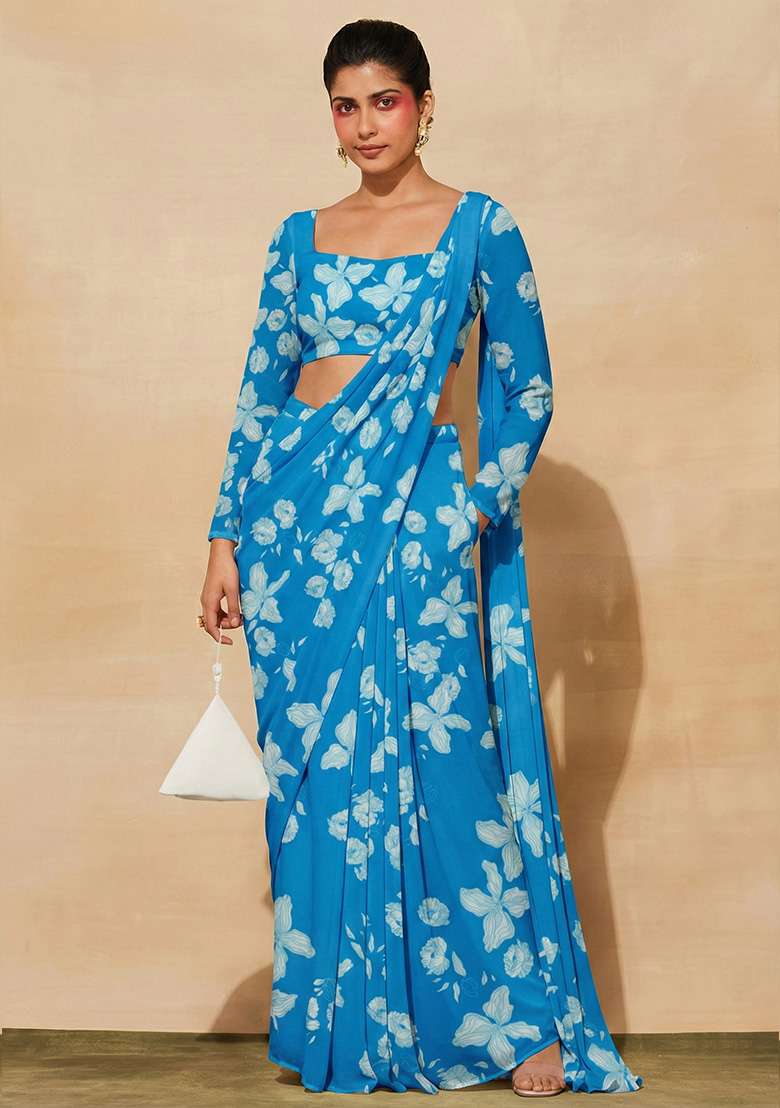 Bright Blue Floral Print Georgette Pre Draped Saree Set for Diwali and Festive Wear - Indya
