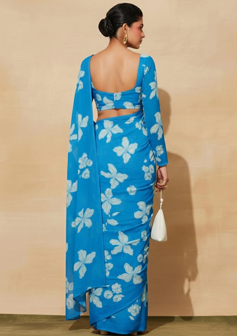 Bright Blue Floral Print Georgette Pre Draped Saree Set - Indya