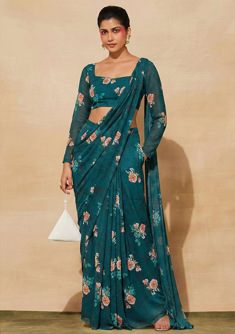 Peacock Blue Georgette Pre Draped Saree Set with Floral Print for Diwali | Wedding & Festive Wear - Indya