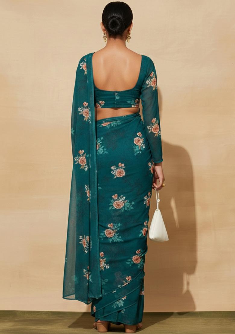 Peacock Blue Floral Print Georgette Pre Draped Saree Set - Indya