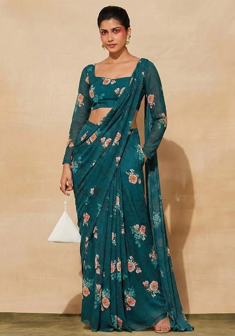Peacock Blue Floral Print Georgette Pre Draped Saree Set