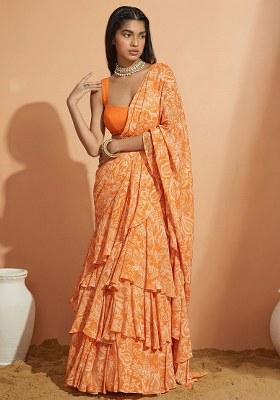 Orange Floral Print Crepe Pre Draped Saree Set