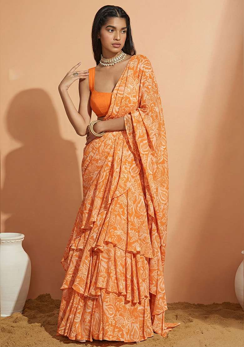Orange Floral Print Crepe Pre Draped Saree Set - Indya