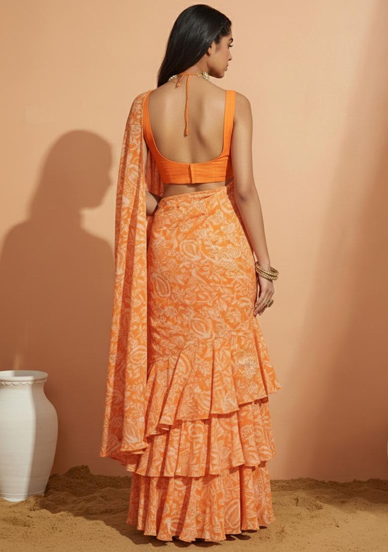 Orange Floral Print Crepe Pre Draped Saree Set - Indya