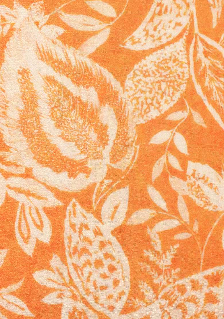 Orange Floral Print Crepe Pre Draped Saree Set - Indya