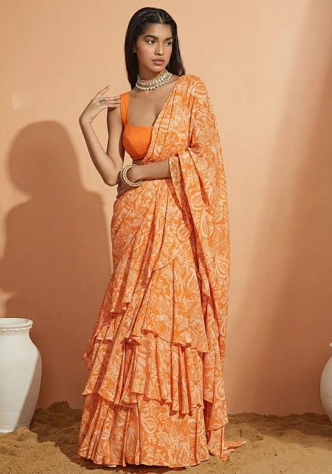 Orange Floral Print Crepe Pre Draped Saree Set