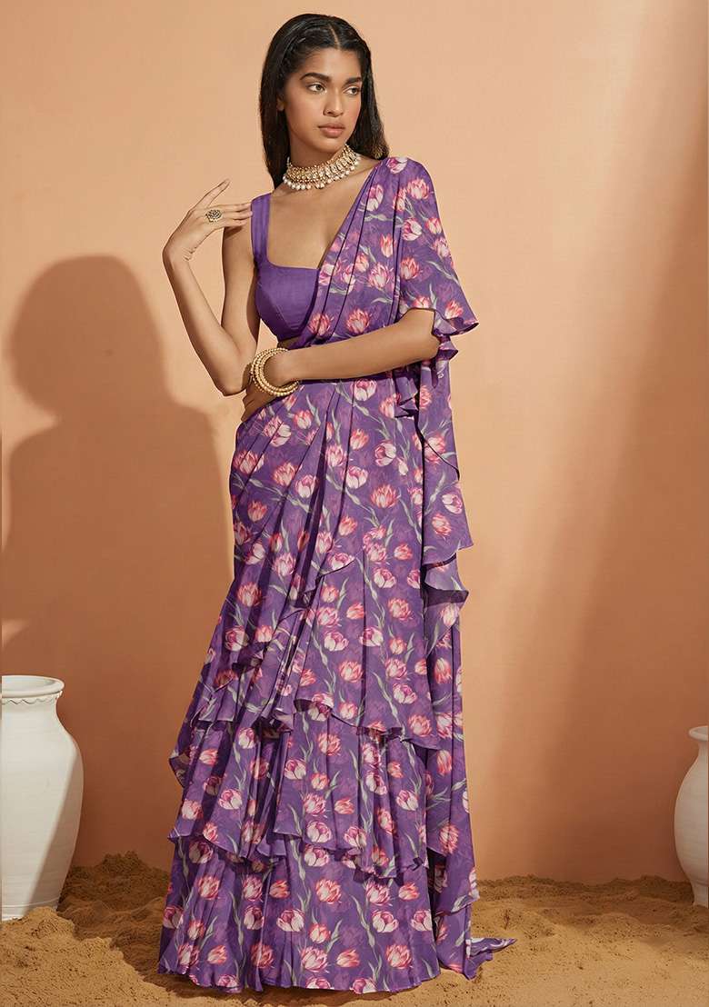 Purple Floral Print Crepe Pre Draped Saree Set - Indya