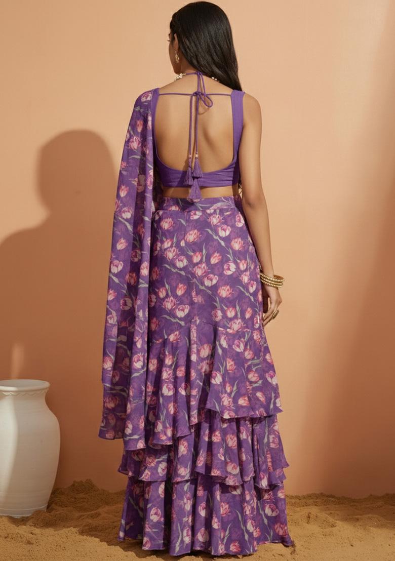 Purple Floral Print Crepe Pre Draped Saree Set - Indya