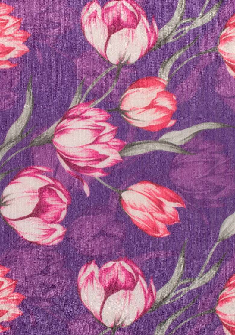 Purple Floral Print Crepe Pre Draped Saree Set - Indya