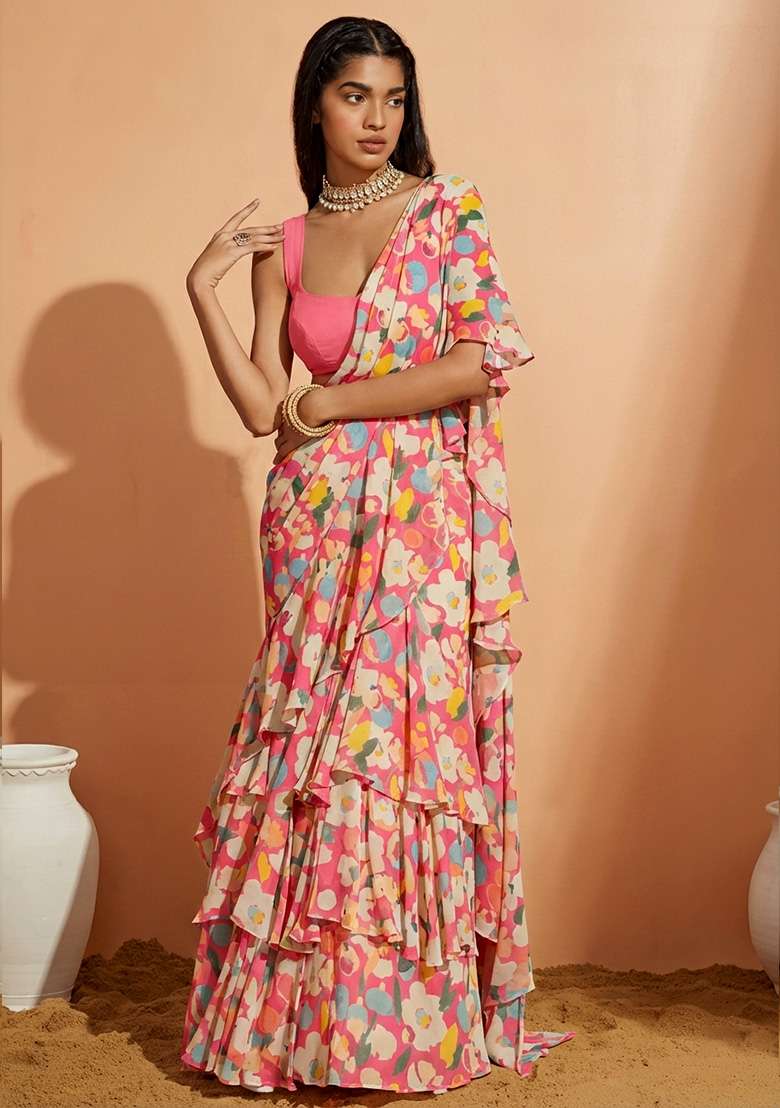 Pink Floral Print Crepe Pre Draped Saree Set - Indya