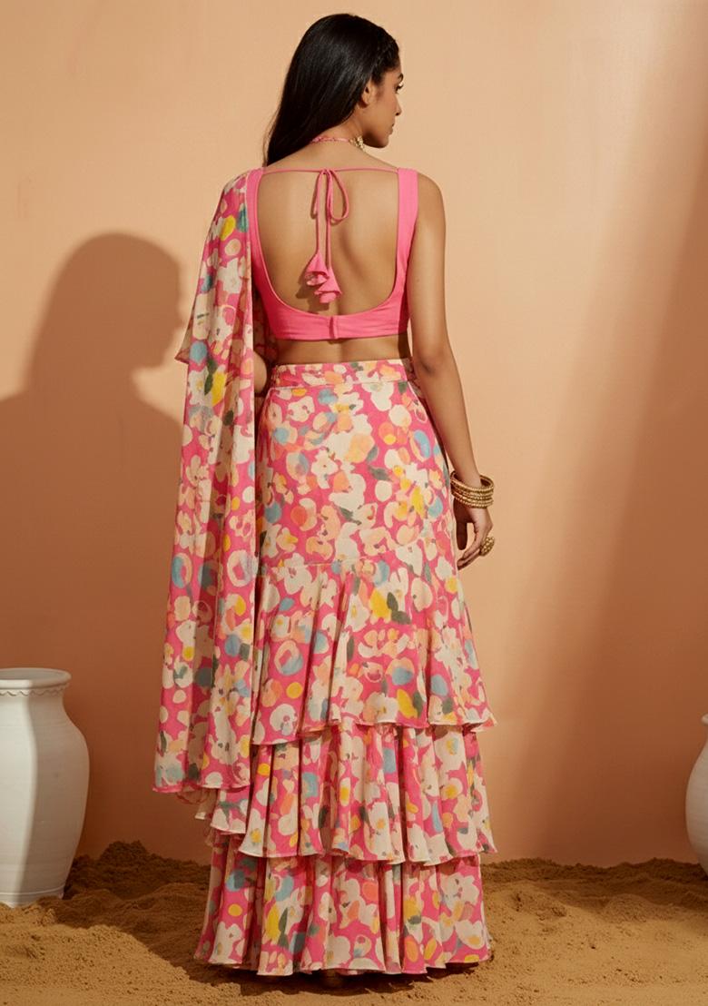 Pink Floral Print Crepe Pre Draped Saree Set - Indya