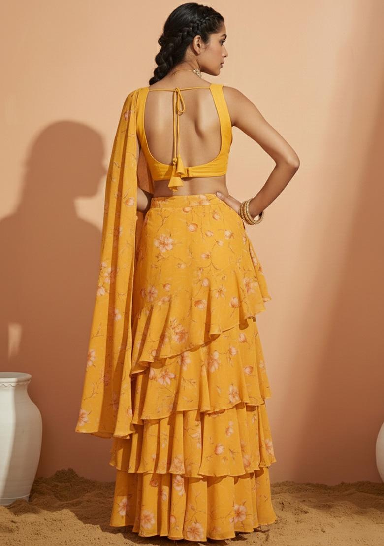 Yellow Floral Print Crepe Pre Draped Saree Set - Indya