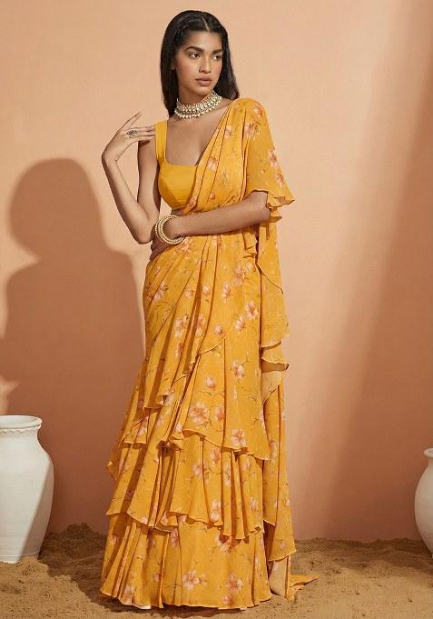 Yellow Floral Print Crepe Pre Draped Saree Set
