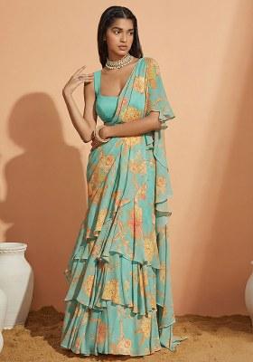 Blue Floral Print Crepe Pre Draped Saree Set