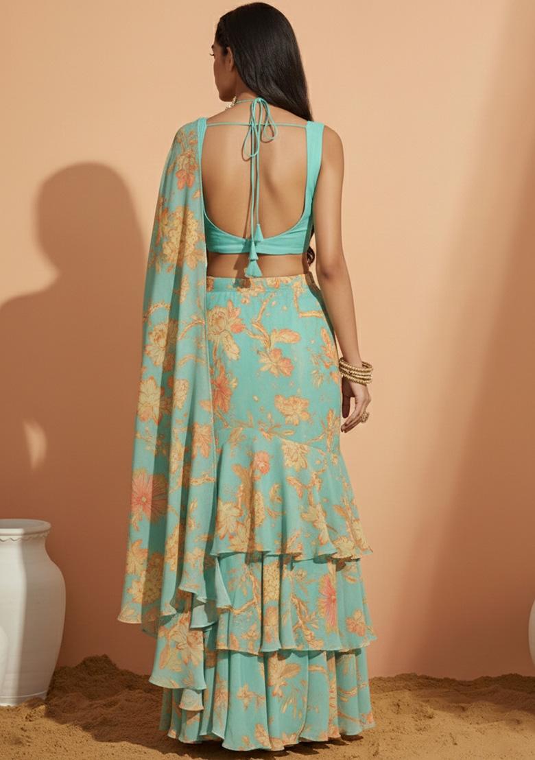 Blue Floral Print Crepe Pre Draped Saree Set - Indya