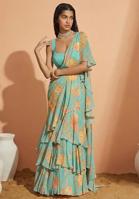 Blue Floral Print Crepe Pre Draped Saree Set