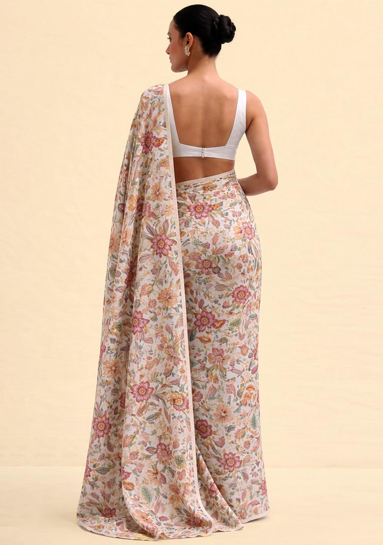 Cream Figure Print Chinon Pre Draped Saree Set - Indya