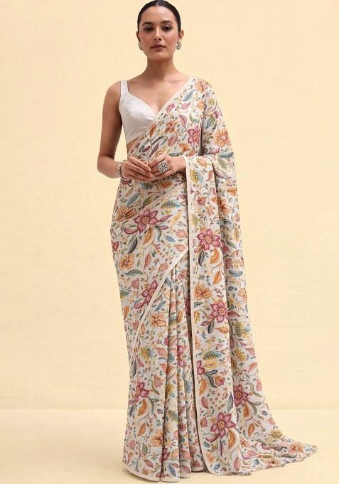 Cream Figure Print Chinon Pre Draped Saree Set