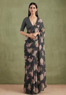 Dove Grey Floral Print Georgette Pre Draped Saree Set