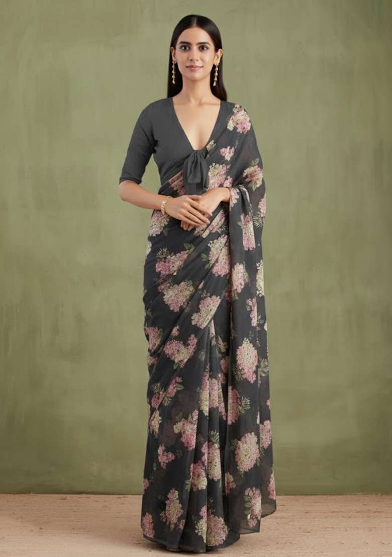 Dove Grey Floral Print Georgette Pre Draped Saree Set - Indya
