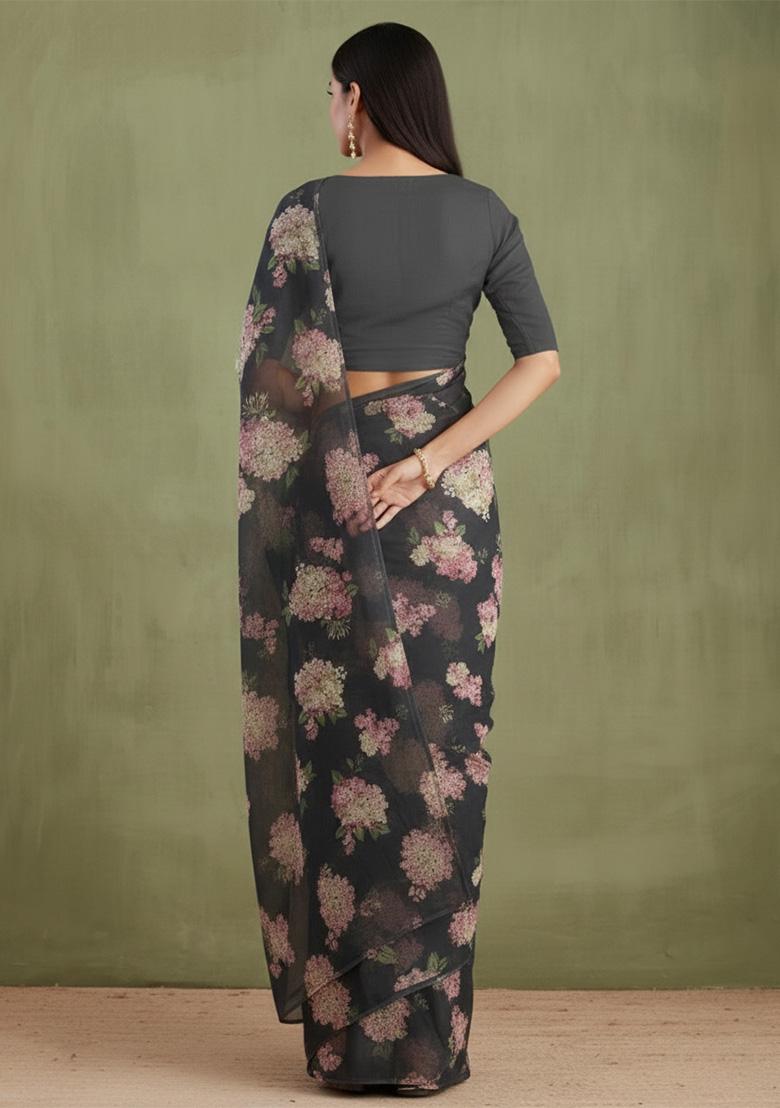 Dove Grey Floral Print Georgette Pre Draped Saree Set - Indya