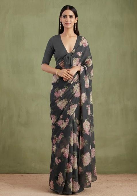 Dove Grey Floral Print Georgette Pre Draped Saree Set