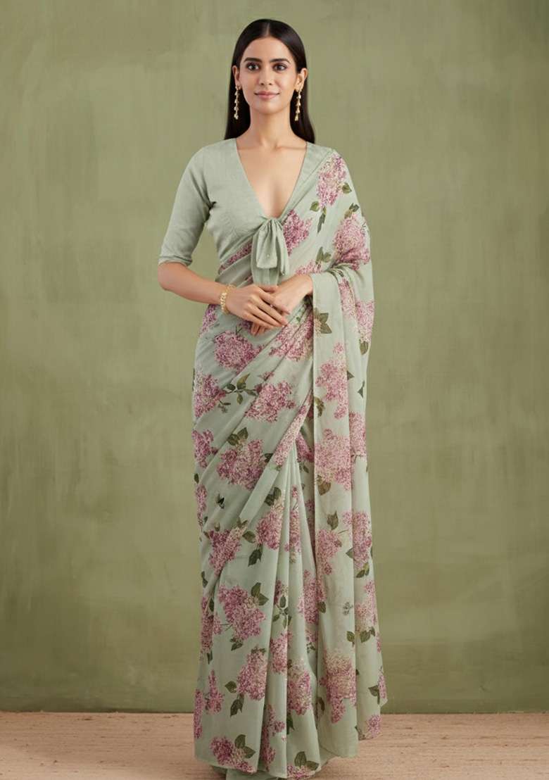 Sage Green Floral Print Georgette Pre Draped Saree Set - Indya