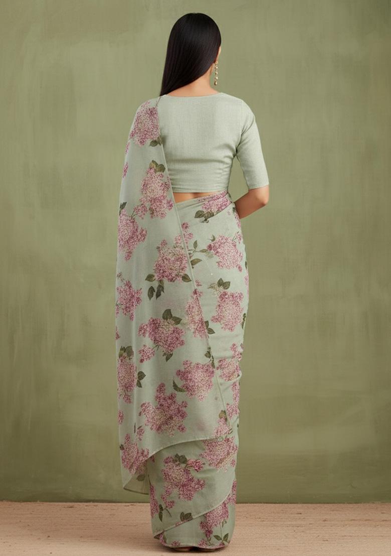 Sage Green Floral Print Georgette Pre Draped Saree Set - Indya