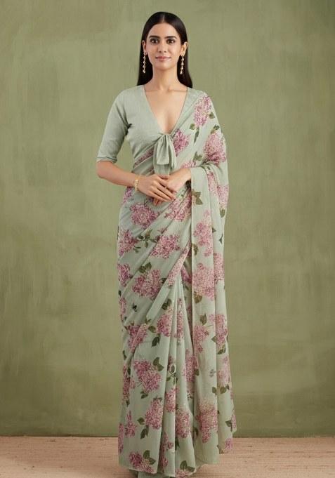 Sage Green Floral Print Georgette Pre Draped Saree Set