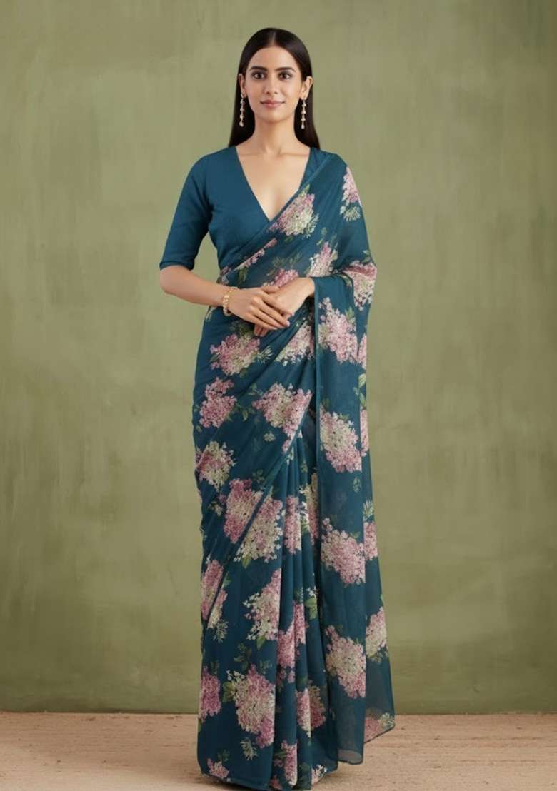 Teal Blue Floral Print Georgette Pre Draped Saree Set - Indya