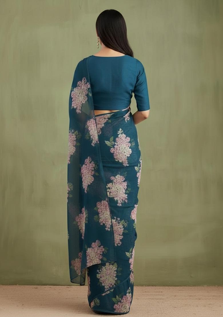 Teal Blue Floral Print Georgette Pre Draped Saree Set - Indya