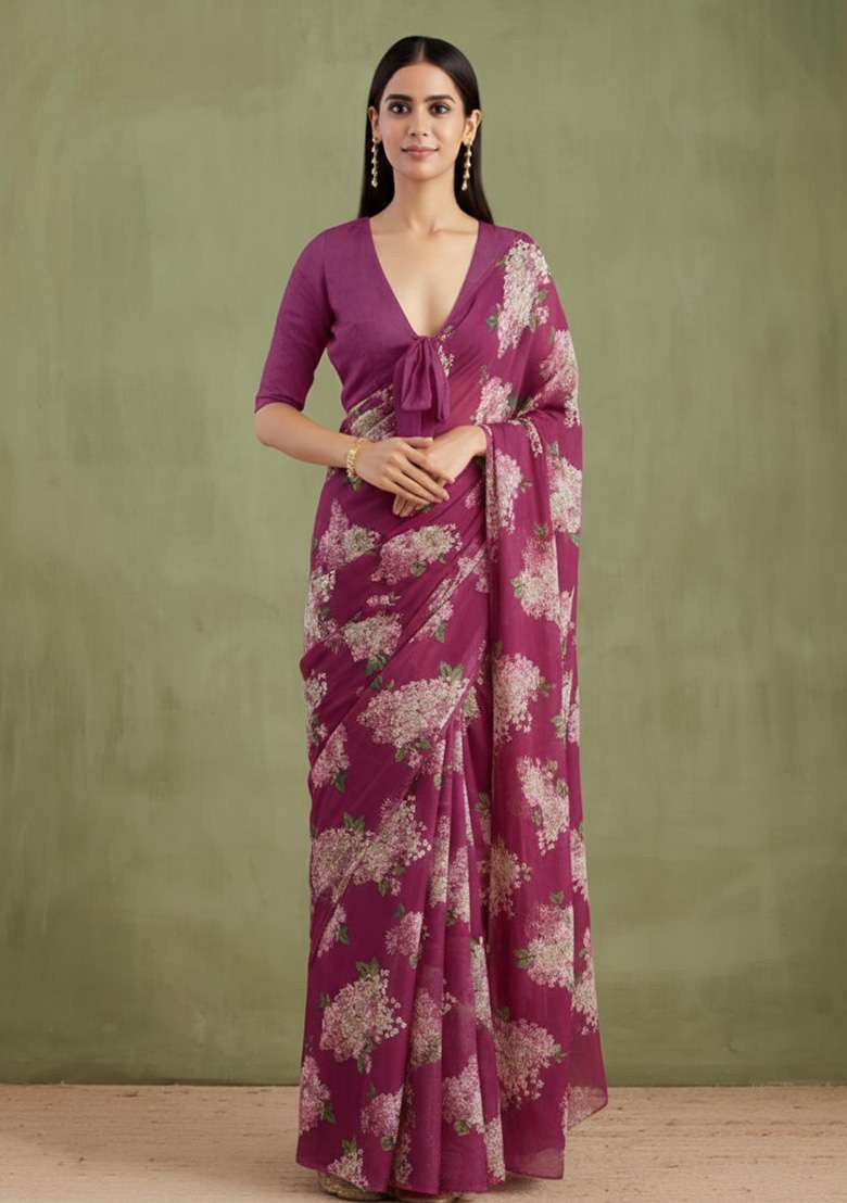 Rani Pink Floral Print Georgette Pre Draped Saree Set - Indya