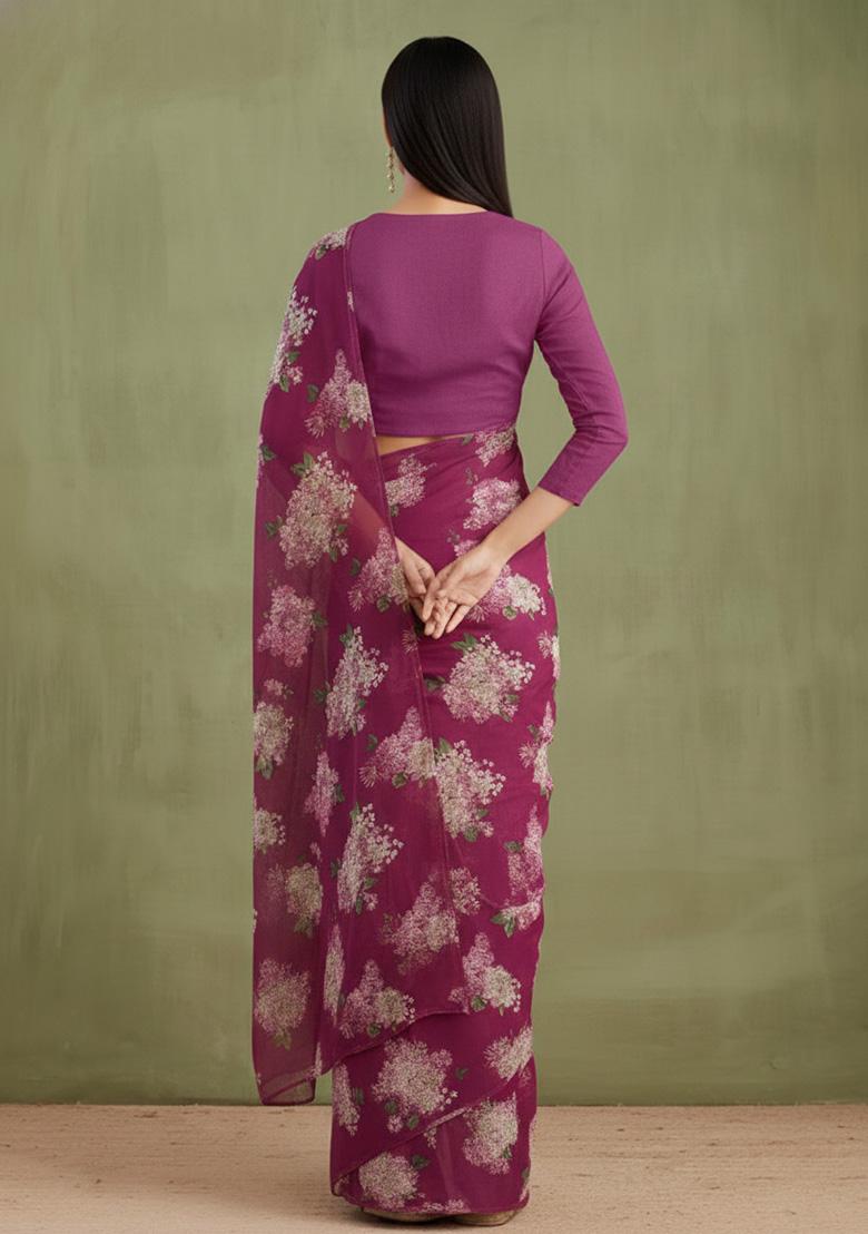 Rani Pink Floral Print Georgette Pre Draped Saree Set - Indya