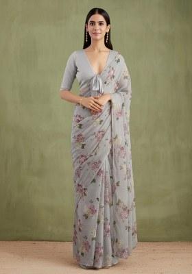 Dove Grey Floral Print Georgette Pre Draped Saree Set