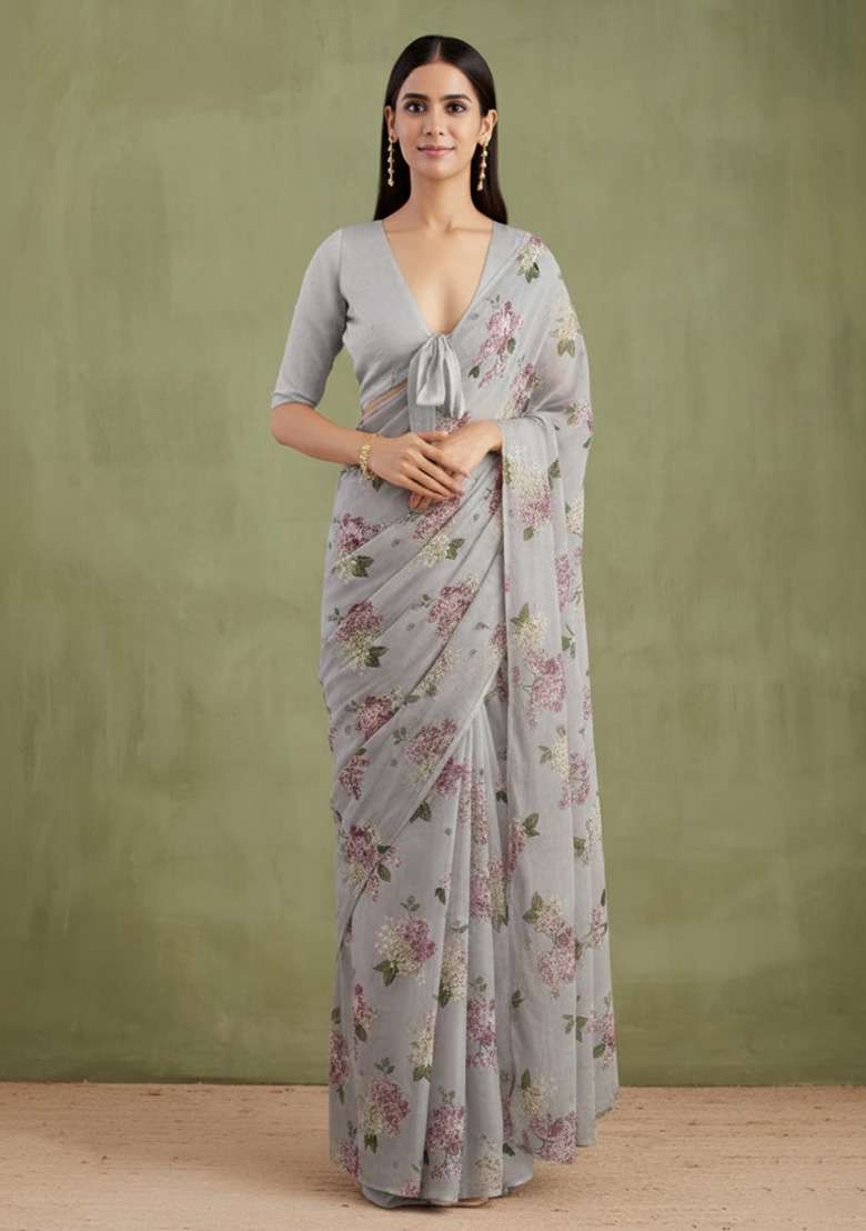 Dove Grey Floral Print Georgette Pre Draped Saree Set - Indya