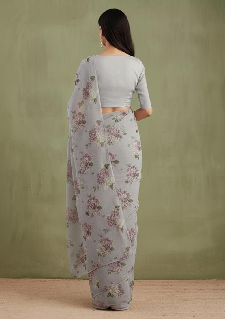Dove Grey Floral Print Georgette Pre Draped Saree Set - Indya