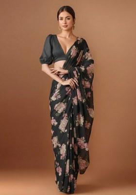 Black Floral Print Georgette Pre Draped Saree Set
