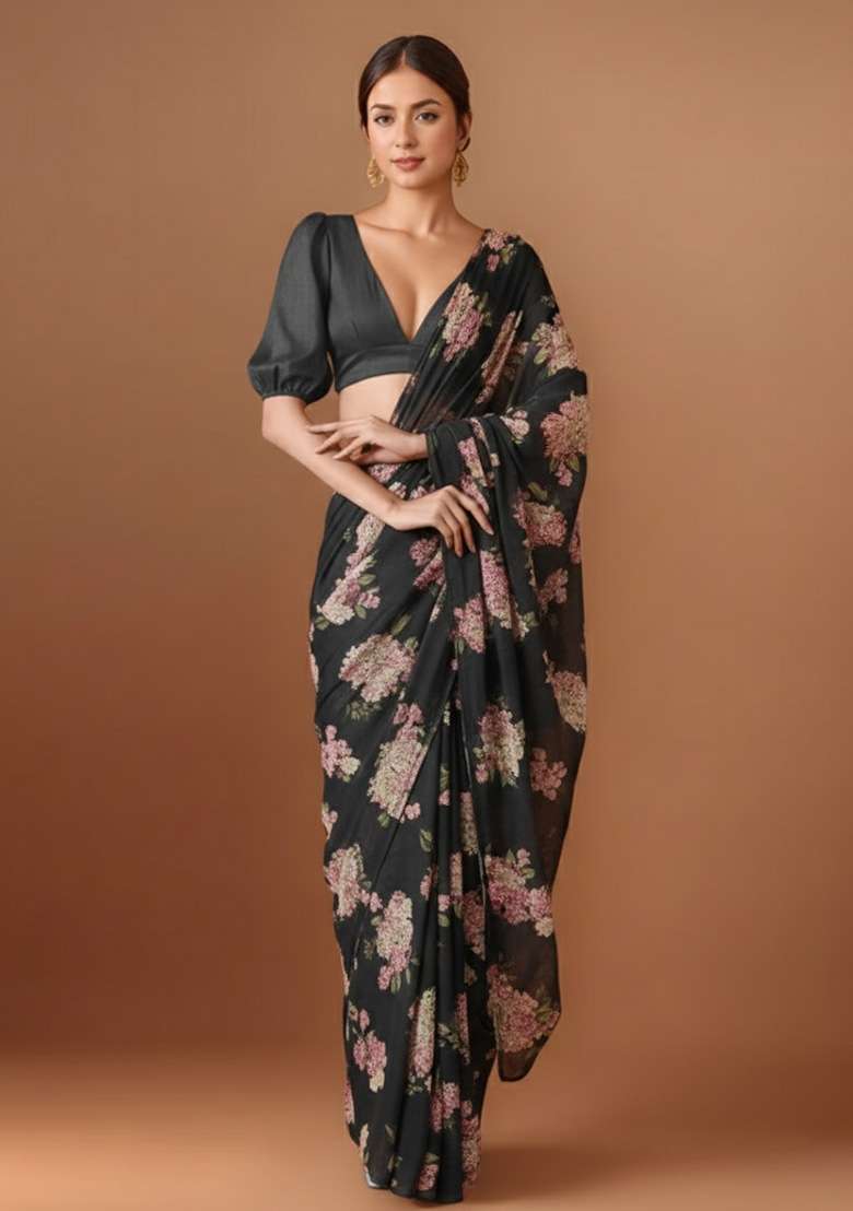 Black Floral Print Georgette Pre Draped Saree Set - Indya