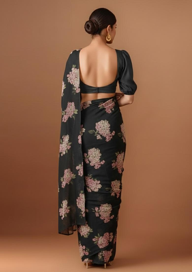 Black Floral Print Georgette Pre Draped Saree Set - Indya