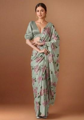Muted Green Floral Print Georgette Pre Draped Saree Set