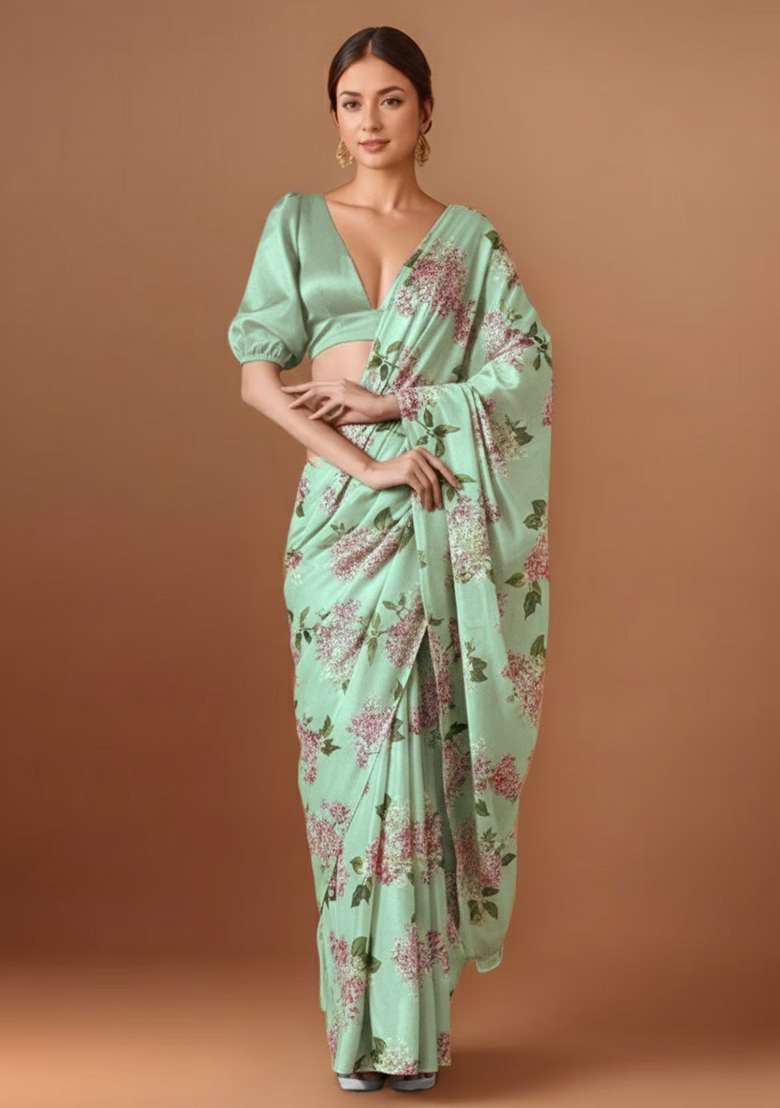 Muted Green Floral Print Georgette Pre Draped Saree Set - Indya