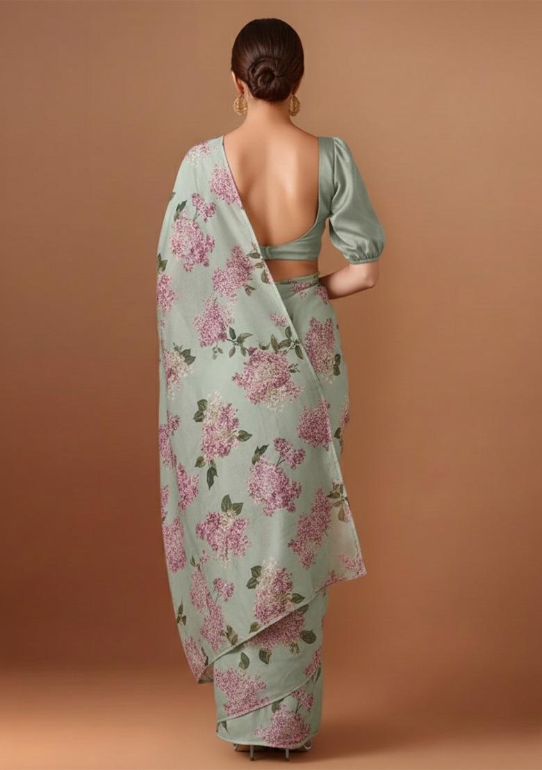 Muted Green Floral Print Georgette Pre Draped Saree Set - Indya