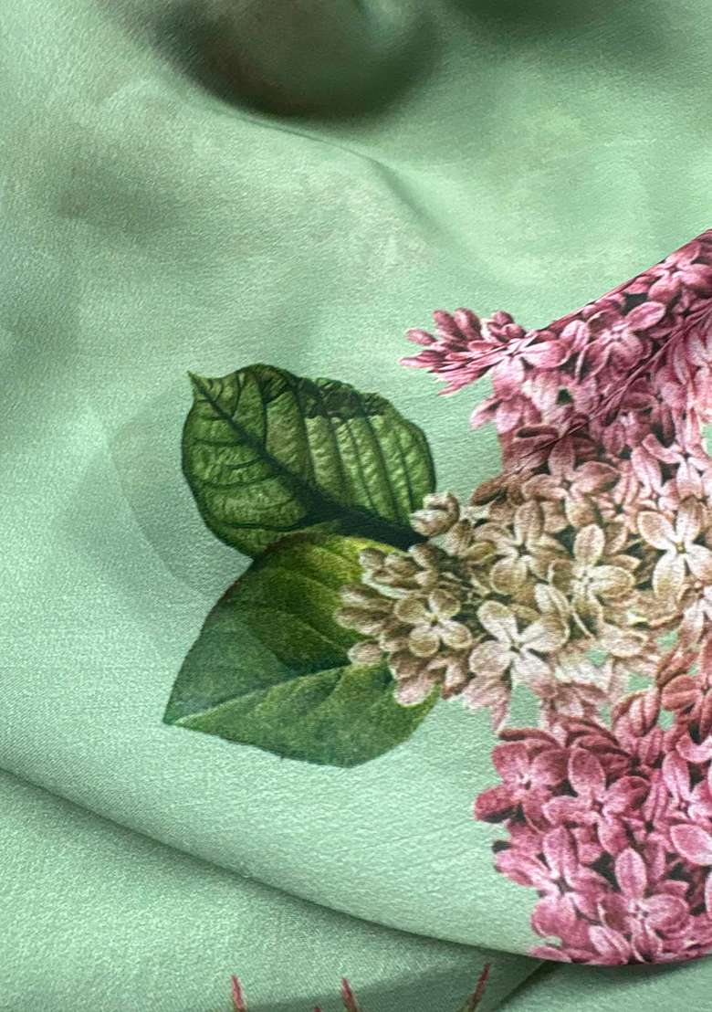 Muted Green Floral Print Georgette Pre Draped Saree Set - Indya