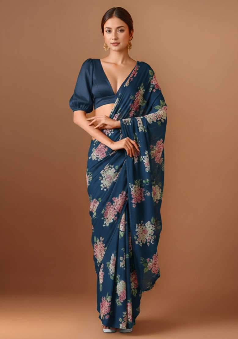 Teal Blue Floral Print Georgette Pre Draped Saree Set - Indya