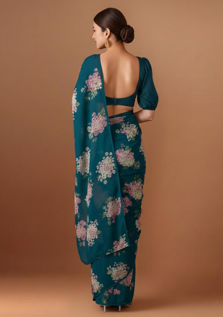 Teal Blue Floral Print Georgette Pre Draped Saree Set - Indya