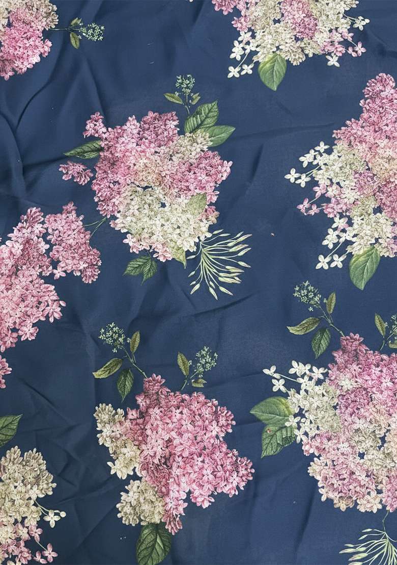 Teal Blue Floral Print Georgette Pre Draped Saree Set - Indya